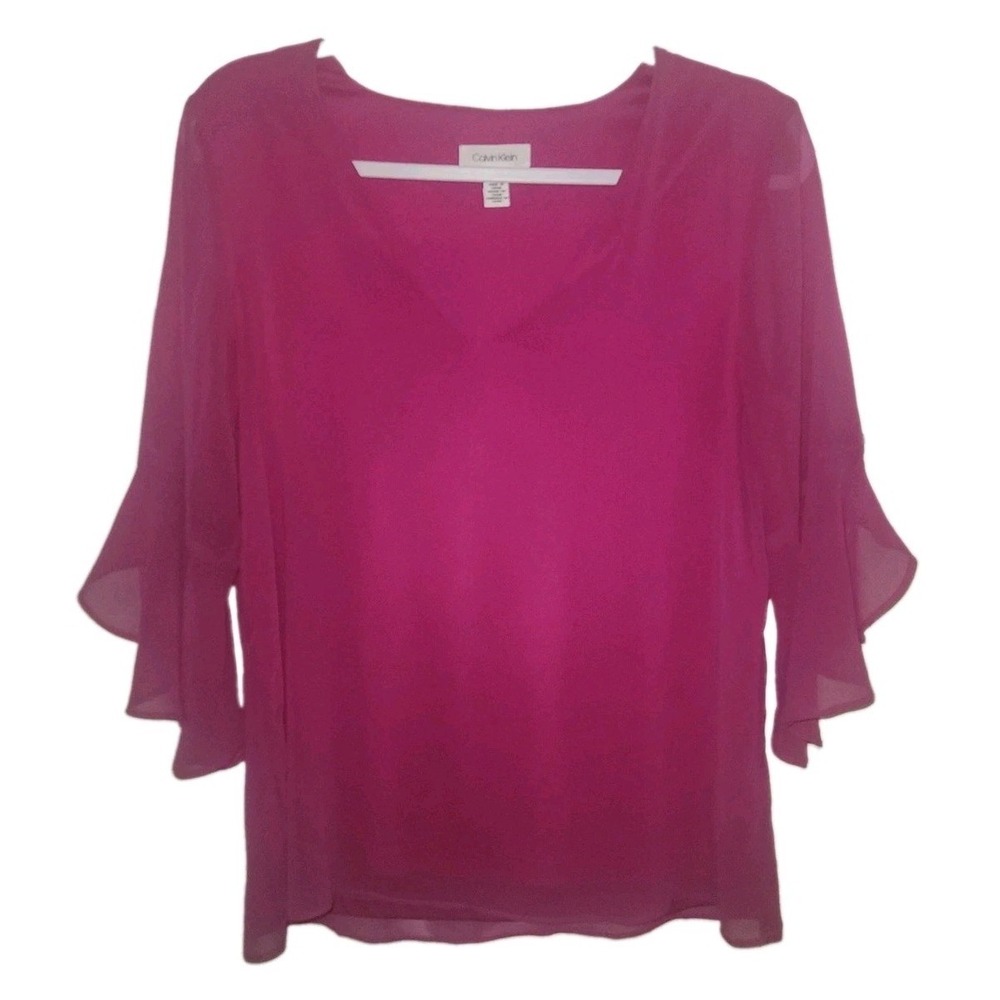 Calvin Klein Pink Sheer Chiffon Bell Sleeve V-Neck Blouse Small M7GAI539